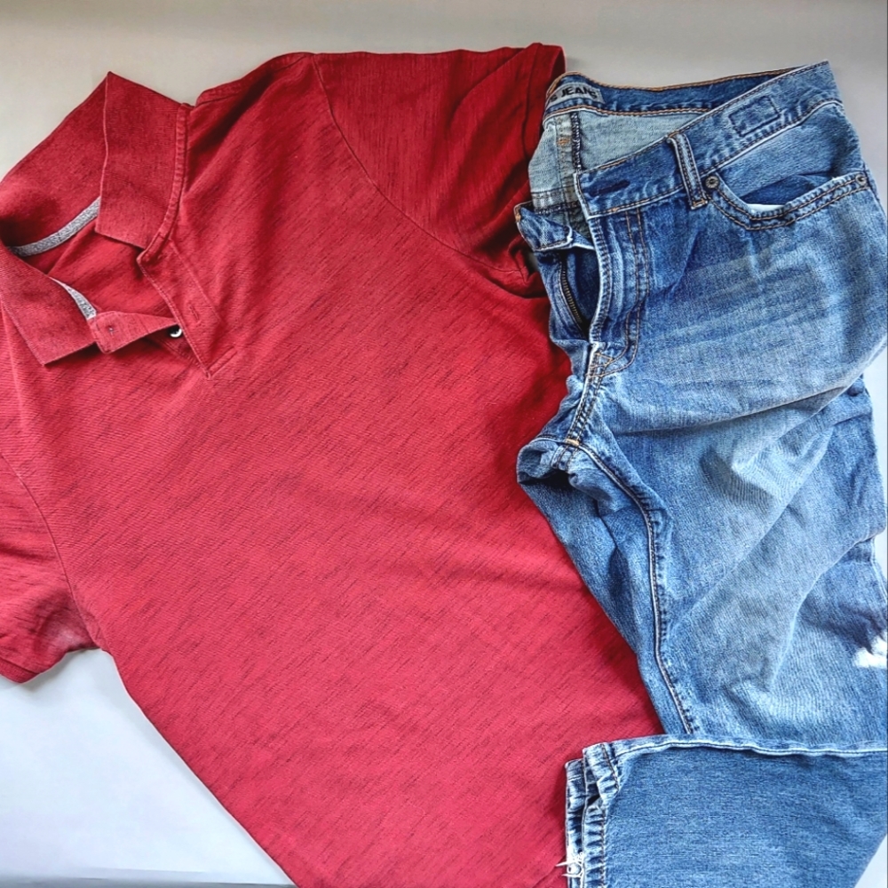 OLD NAVY Cranberry Polo and EXPRESS Med Wash Jean